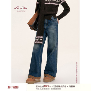 100棉猫须宽松直筒阔腿牛仔裤 Liilou 麂皮拼接 慵懒休闲 25aw