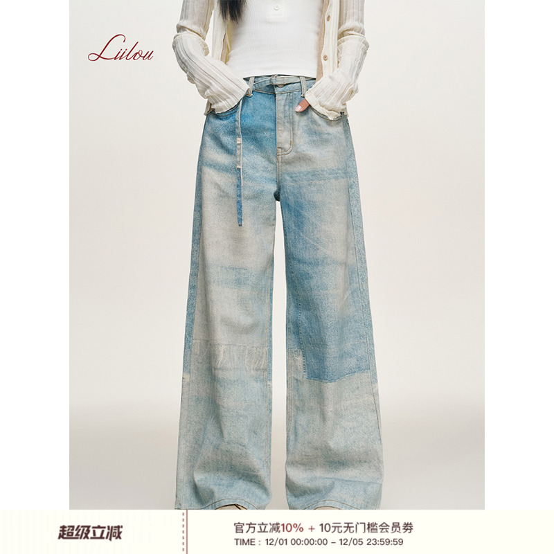 丹宁风宽松阔腿牛仔长裤