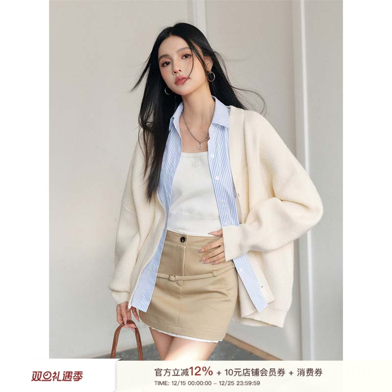 条纹衬衫软糯假两件针织毛衣开衫