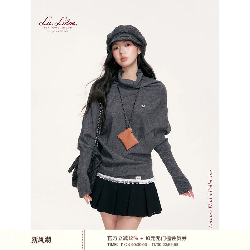 斗篷式剪裁高领斗篷长袖毛衣