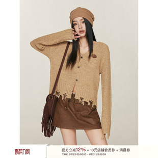 秋 圈圈纱套头毛针织衫 Liilou 废土风毛边设计开衩V领长袖