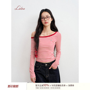 复古斜肩紧身长袖 艾米同款 撞色条纹 25aw 针织T恤上衣 Liilou