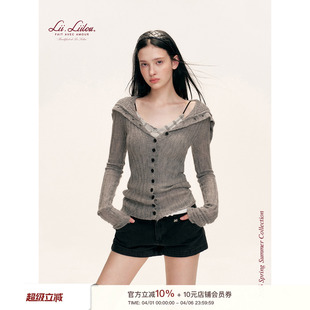 fit clean 26ss 大翻领排扣修身 收腰针织开衫 微透竖坑条 Liilou