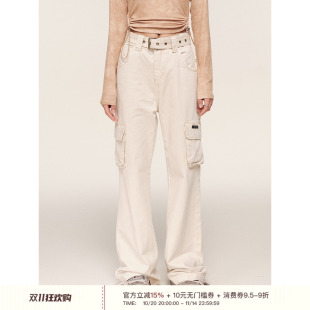 街头宽松高腰休闲长裤 裤 女 复古口袋抽绳直筒工装 Liilou