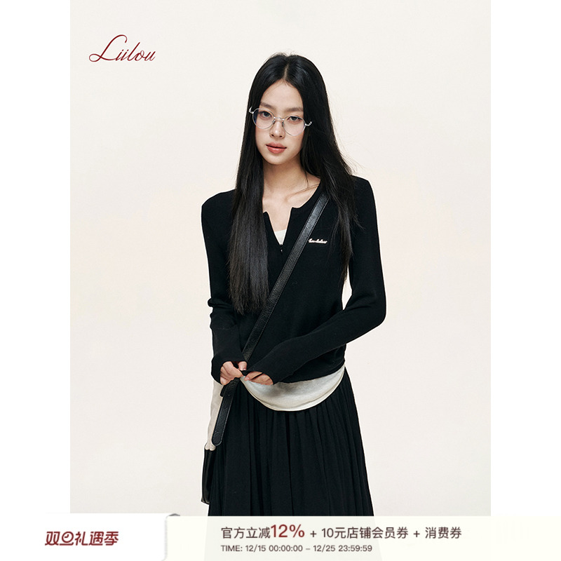 小v领假两件针织黑色上衣