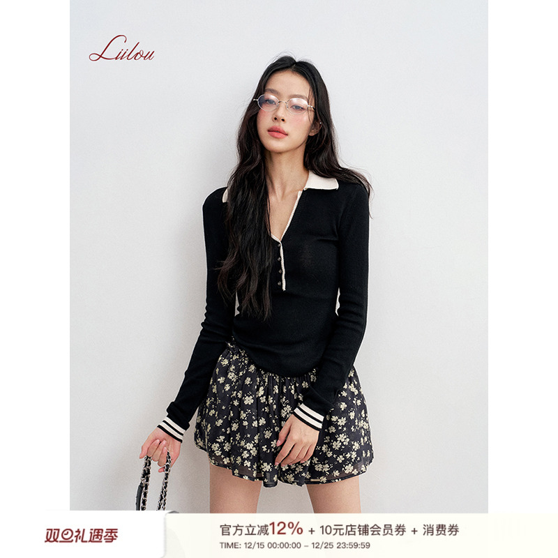 混纺羊毛v字翻领长袖针织衫