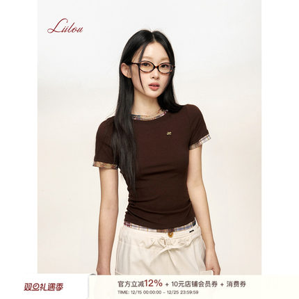 Liilou 25ss 假两件 洋裁格纹 复古网纱格纹拼接美式撞色短袖