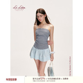 格纹防滑抹胸修身 Liilou 上衣 100棉 收腰捏褶经典 26ss 海盐系