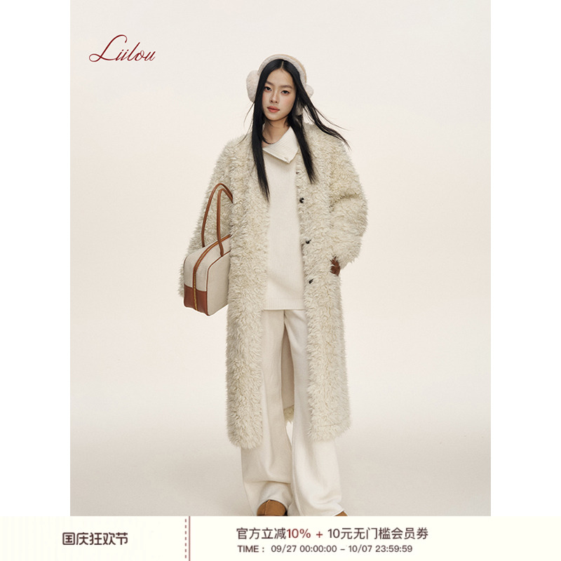 LiilouV领羊羔毛中长款大衣