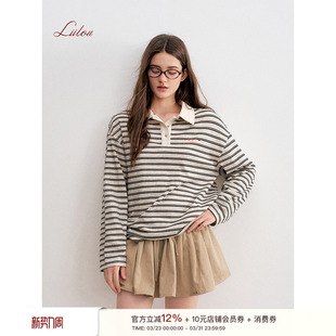 T恤云朵衫 卢昱晓同款 复古慵懒Polo领宽松长袖 撞色条纹 Liilou