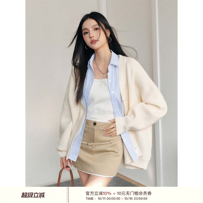 条纹衬衫软糯假两件针织毛衣开衫