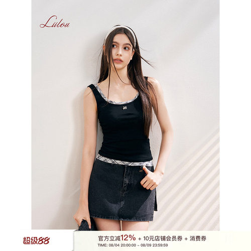 格纹网纱撞色叠穿真两件背心上衣