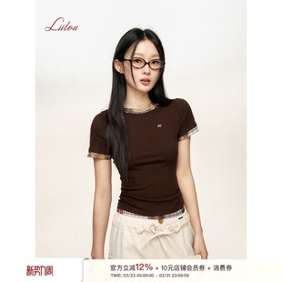 撞色短袖 Liilou 复古网纱格纹拼接美式 洋裁格纹 假两件