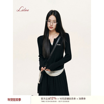 小v领假两件针织黑色上衣