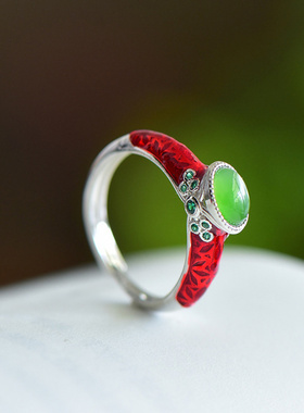 新款旗开得胜绿色锆石戒指珐琅复