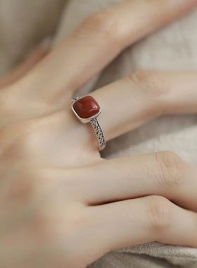 新国潮高级方糖戒指女树莓红精工