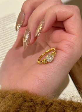 新款时尚古法金色玫瑰花钻戒指女