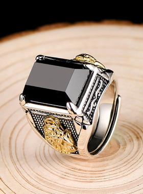 复古金色貔貅戒指男士潮黑色石头