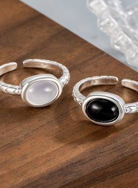 新款椭圆黑色石头戒指小众设计清