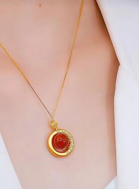 新款同心圆锆石红豆项链女古法国