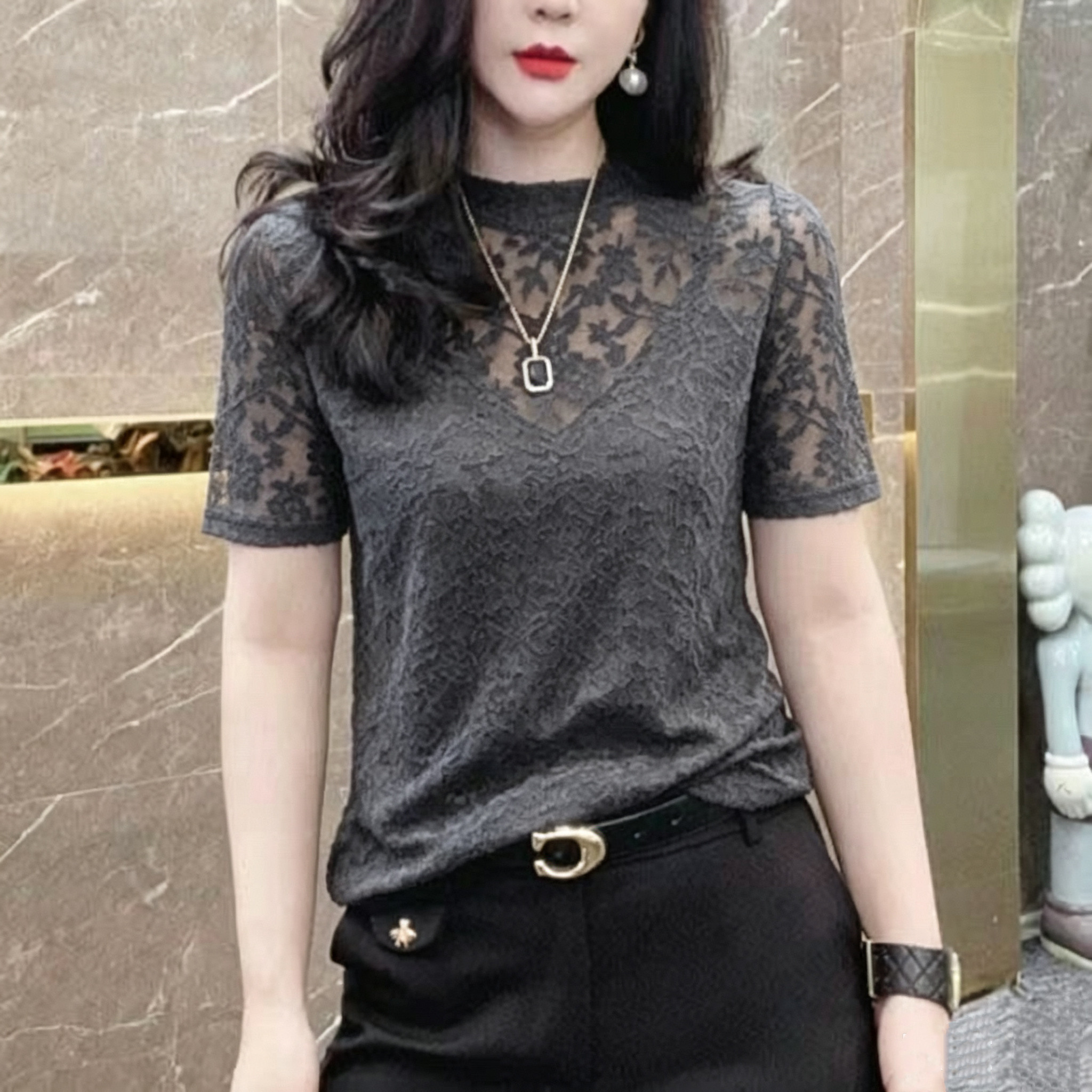 夏薄款网纱蕾丝显瘦短袖T恤女