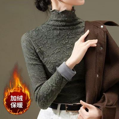 高端高领蕾丝加绒打底衫女秋冬