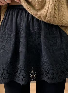 浪漫蕾丝风黑色A字半身裙女花边百搭遮屁股短裙叠穿防走光屁帘女