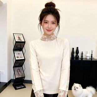 淑女风磨毛常规蕾丝打底衫女长袖高领修身百搭气质上衣黑色蕾丝衫