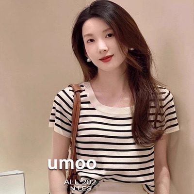 高级感条纹正肩短袖t恤女夏季