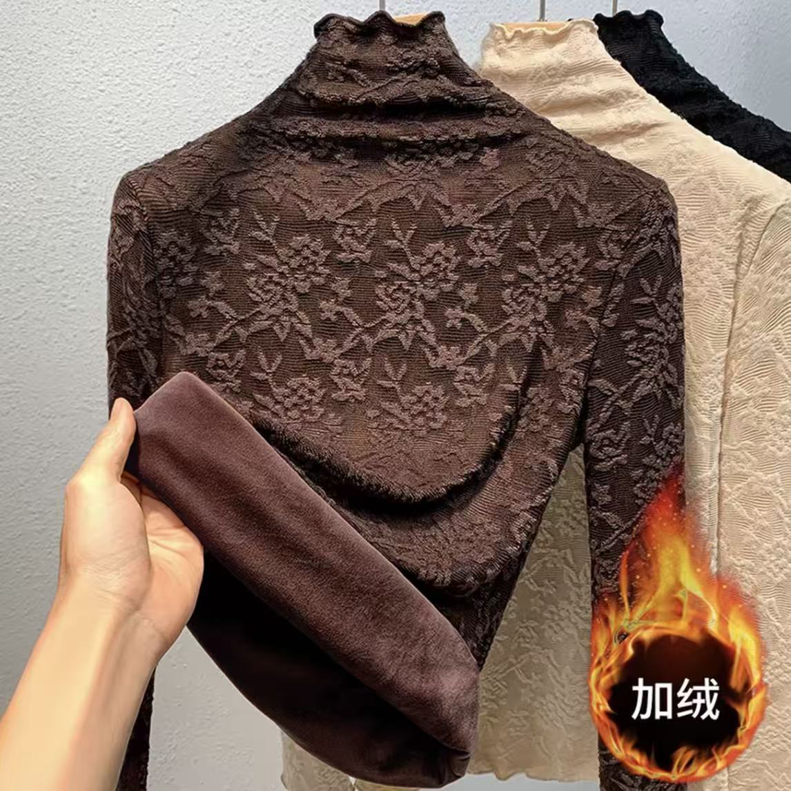 加绒加厚蕾丝高领打底衫女