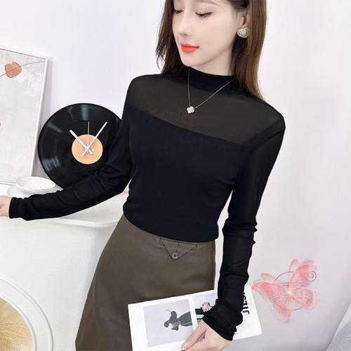 半高领网纱打底衫女春秋单穿冬季内搭洋气修身显瘦T恤网红气质衫