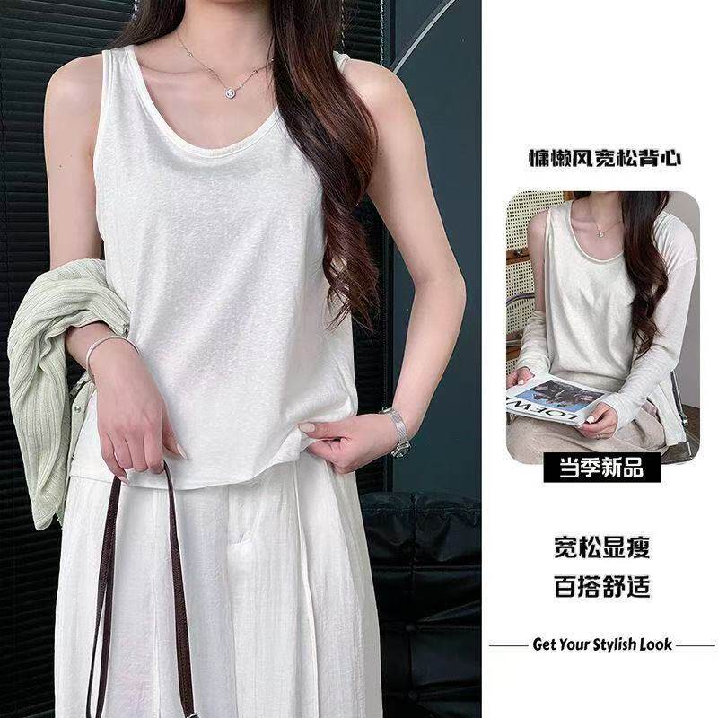 白色吊带背心高档棉麻亲肤百搭休闲时尚慵懒风宽松遮肉无袖上衣女
