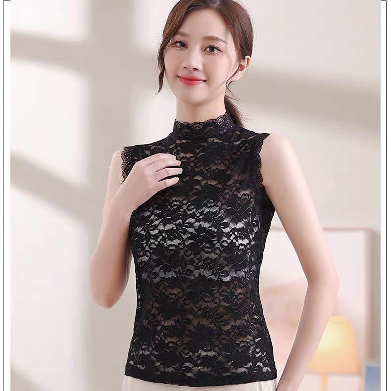 网红假领子女无袖蕾丝镂空打底衫高领子内搭洋气镂空蕾丝衫假衣领