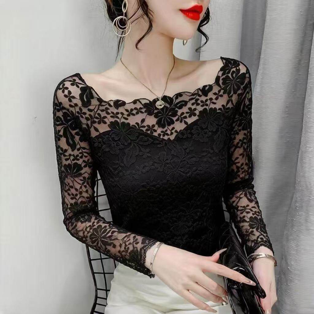 性感网纱蕾丝上衣女薄秋季波浪花边方领镂空显锁骨设计感内搭小衫