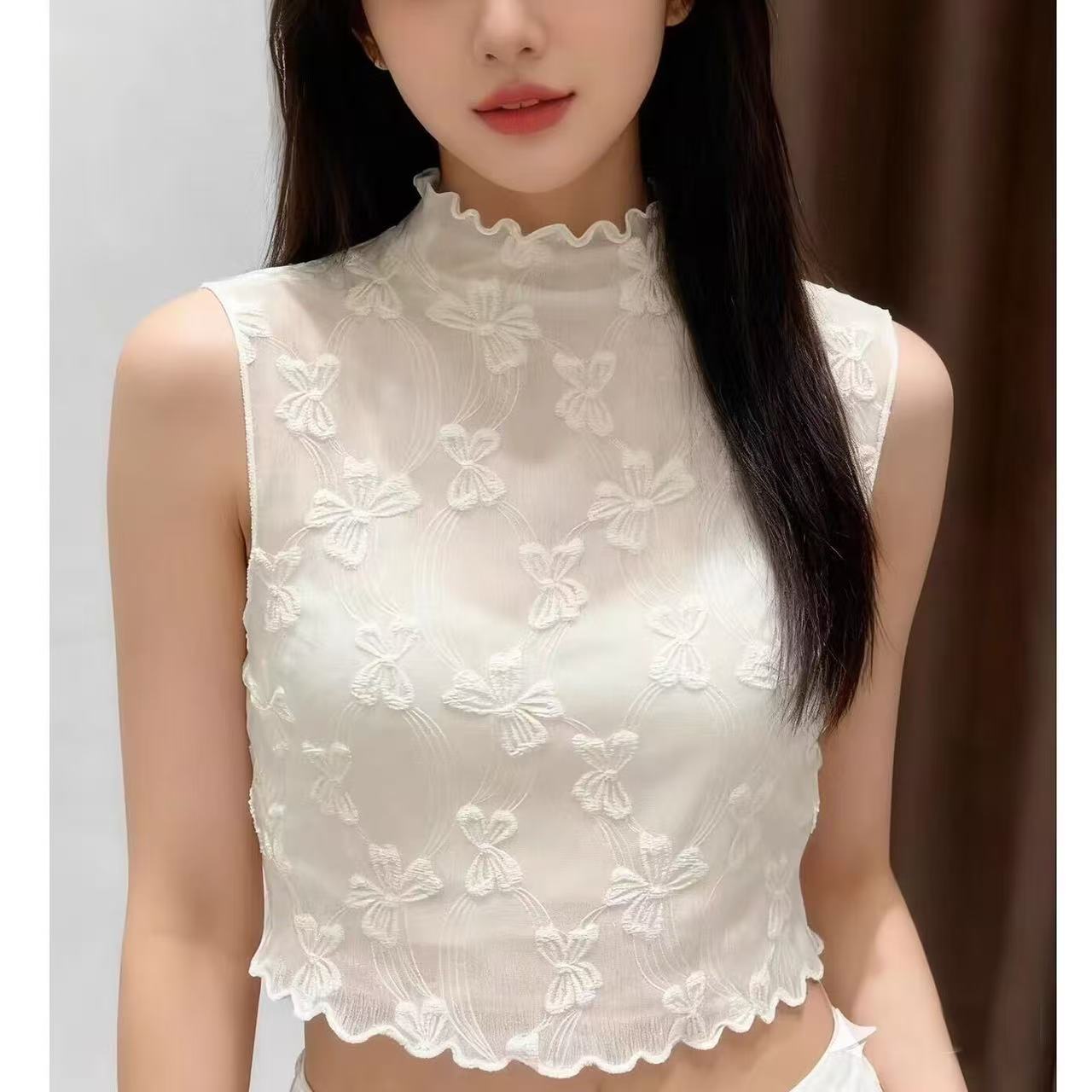 女百搭网纱蕾丝半高领无袖背心