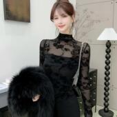 网红洋气时尚 加绒打底植绒上衣显瘦长袖 性感 半高领蕾丝衫 轻熟法式