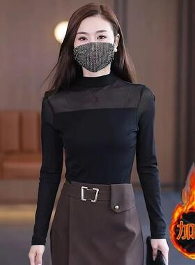 网红新款气质小衫修身长袖上衣T恤复古半高领网纱打底衫春秋冬季