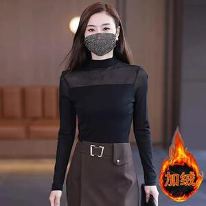 2024新款气质小衫修身长袖上衣T恤港风复古半高领网纱打底衫秋冬