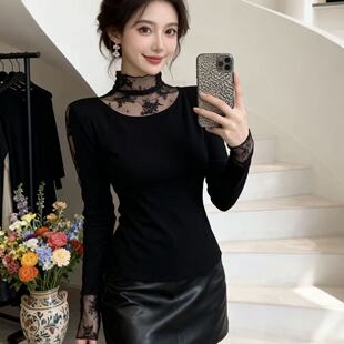 性感黑色蕾丝拼接高领打底衫女修身叠穿洋气蕾丝小衫高级感磨毛衫
