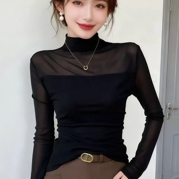 黑色半高领网纱修身显瘦打底衫