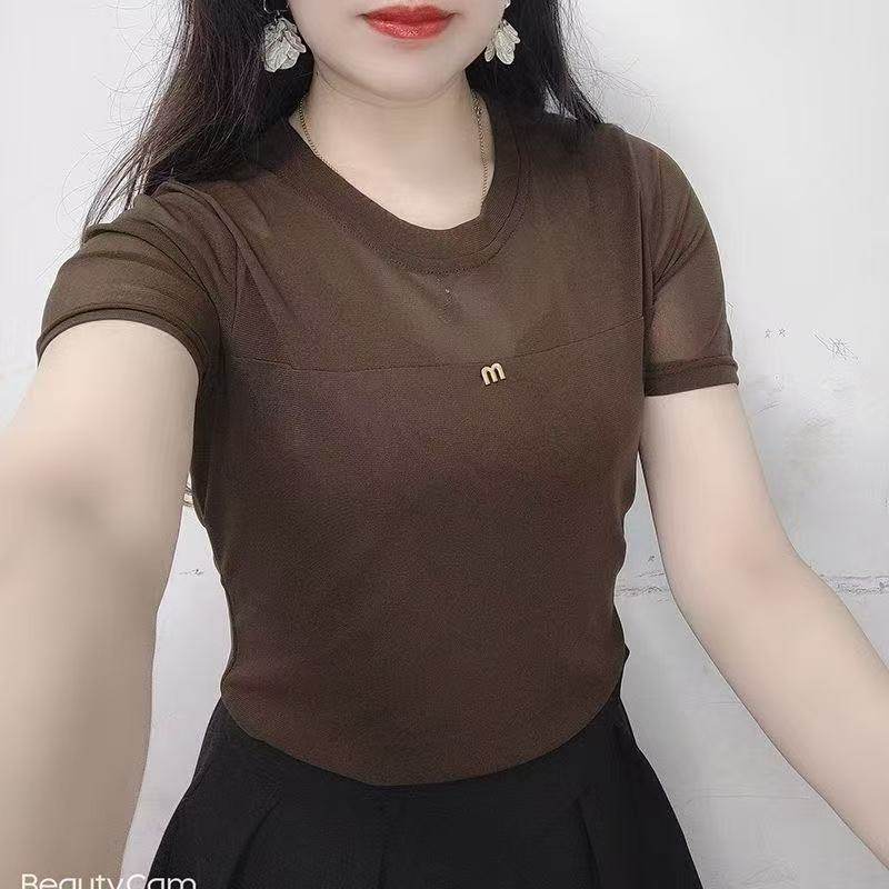 胖MM显瘦T恤短袖黑色网纱拼接性感上衣圆领修身显瘦内搭打底衫女