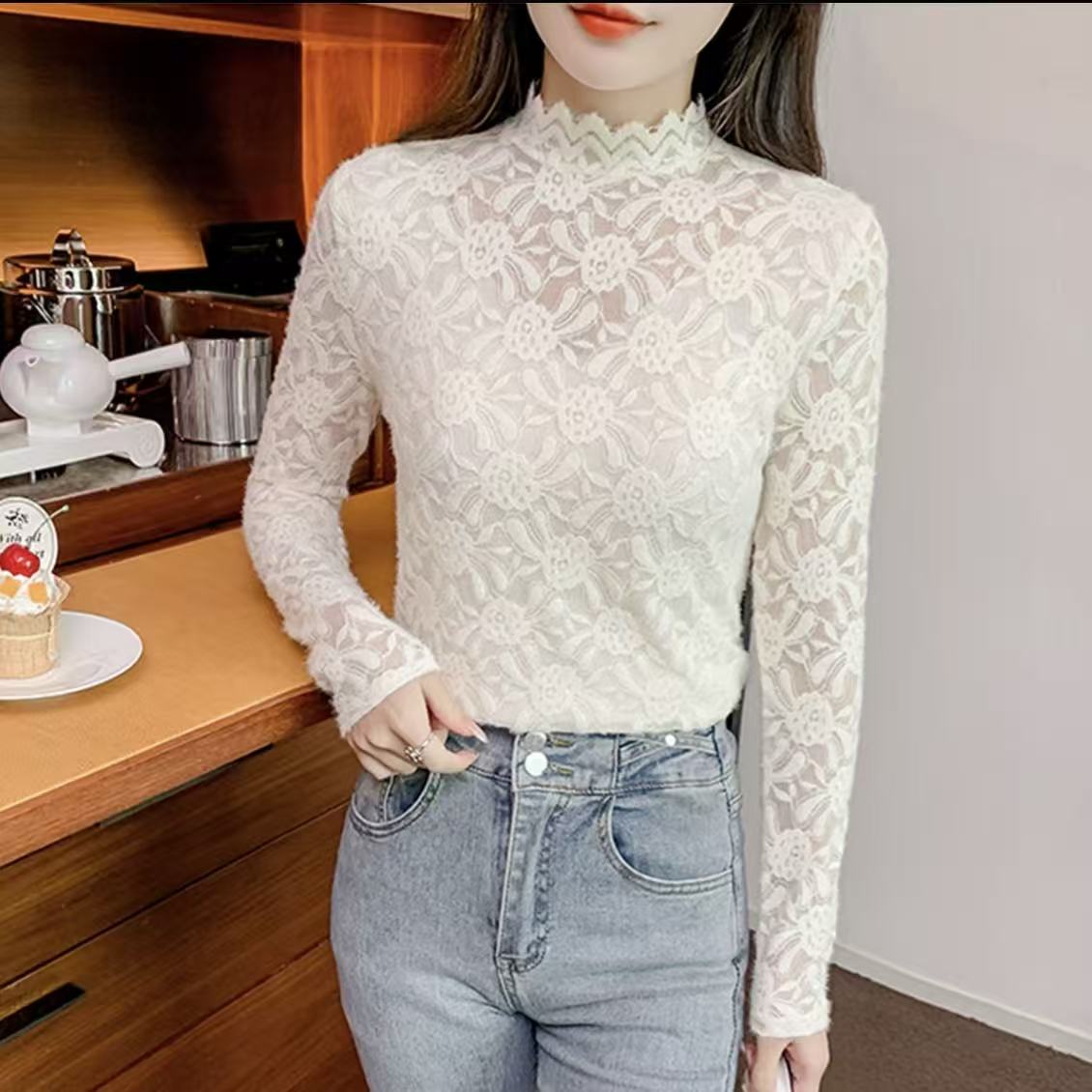 秋冬小香风半高领蕾丝显瘦打底衫