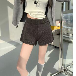高腰针织短裤女冬季外穿宽松直筒裤显瘦休闲裤黑灰色毛衣裤纯色