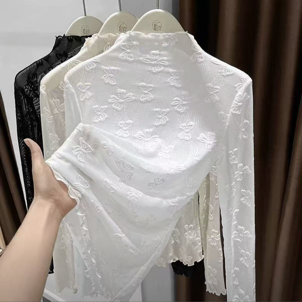 法式蝴蝶结半高领蕾丝打底衫