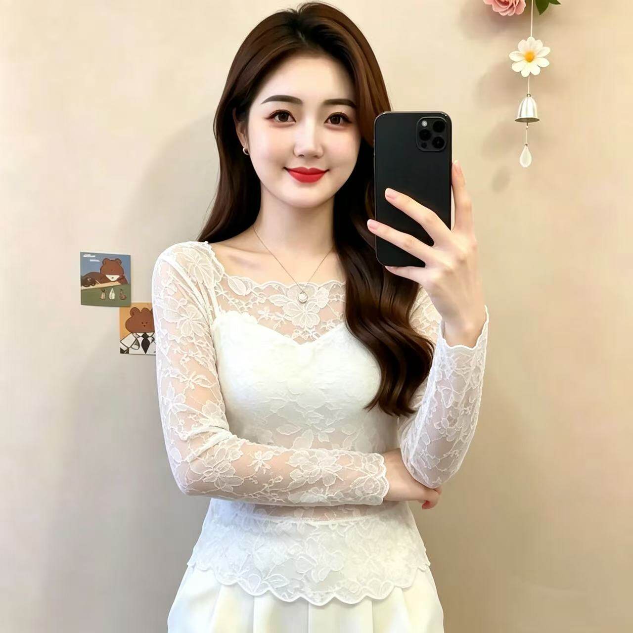 优雅法式方领蕾丝上衣女秋季镂空长袖花边打底百搭内搭叠穿小衫