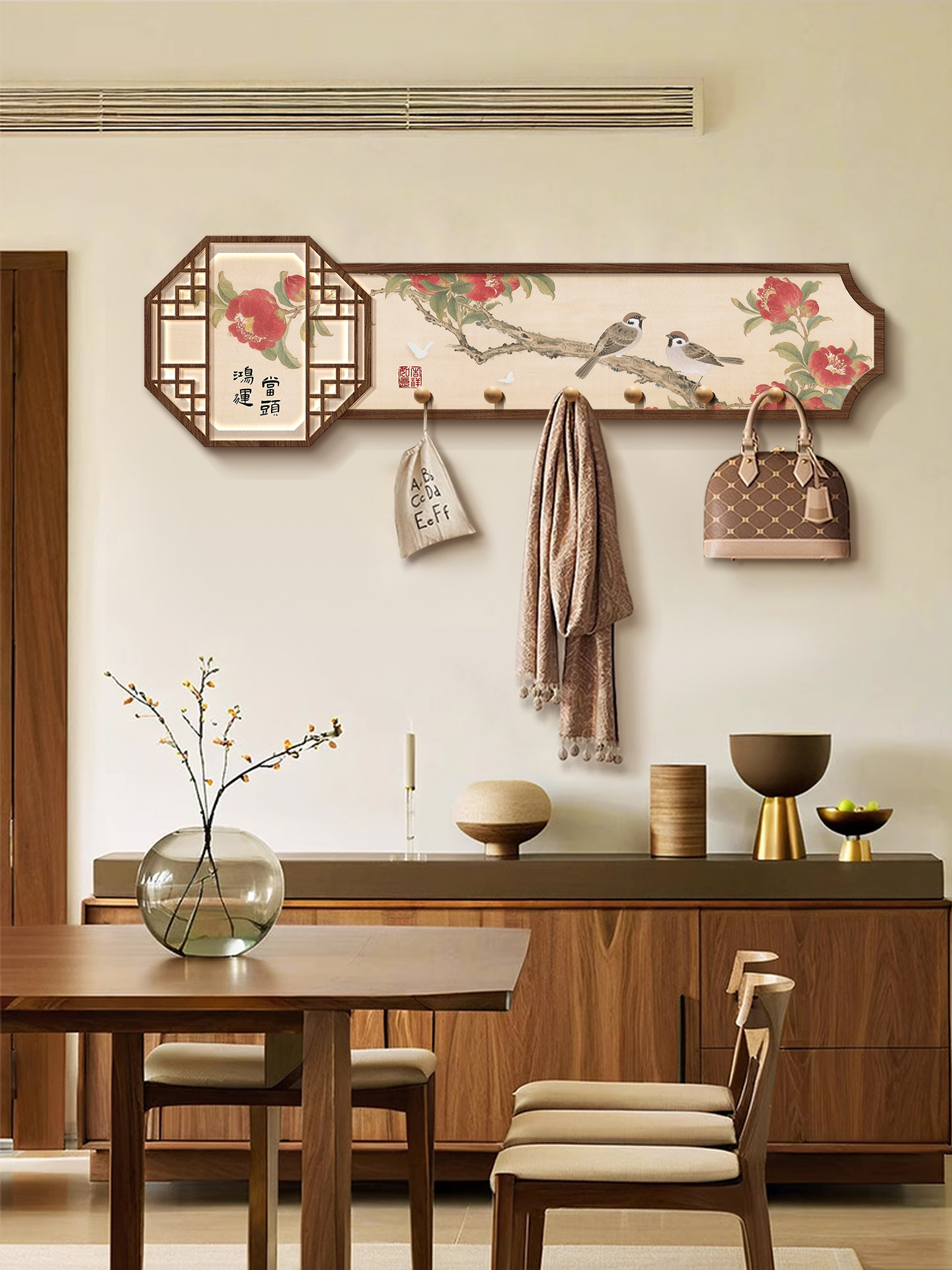 新中式入户客厅斗柜墙上衣帽架餐边柜收纳置物架高级感钥匙挂钩