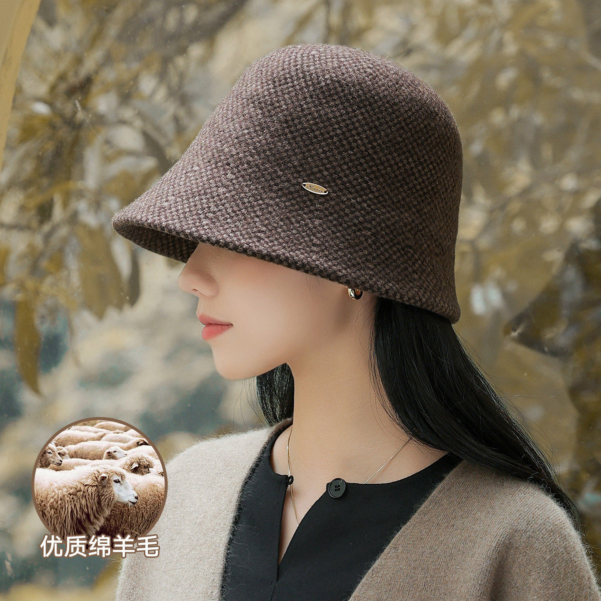 【羊毛保暖】帽子女秋冬日系简约绵羊毛水桶帽2026新款盆帽