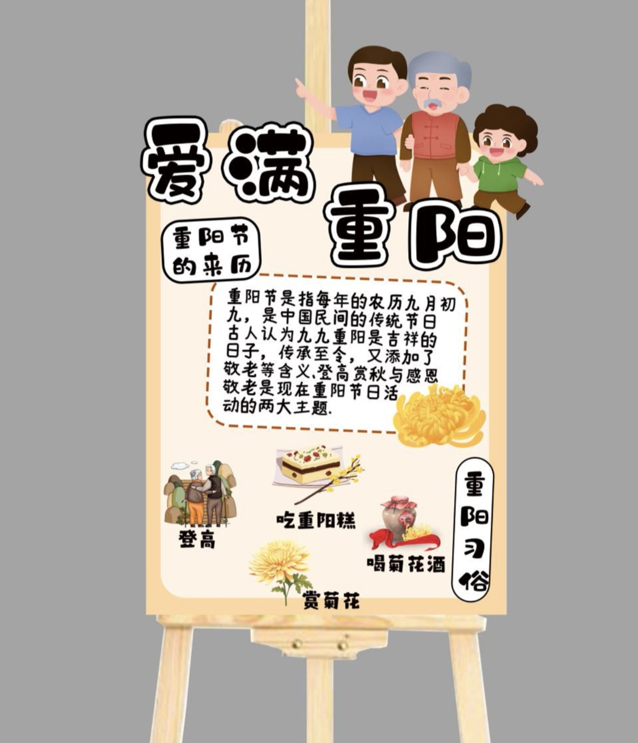 PS幼儿园小学重阳节展板爱满重阳节习俗展板重阳节主题展板素材