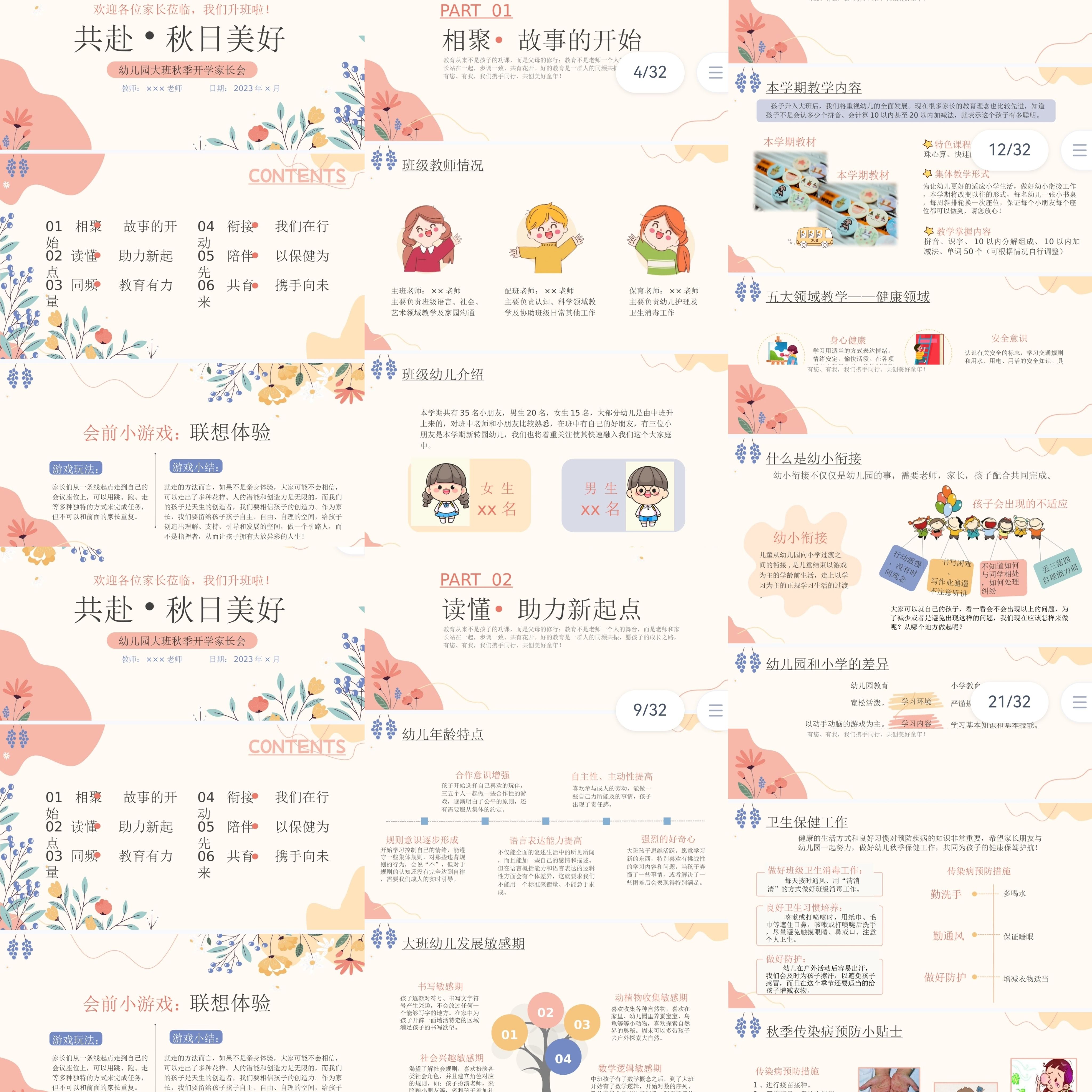 32页幼儿园大班秋季新学期第一学期家长会PPT送发言稿共赴秋美好