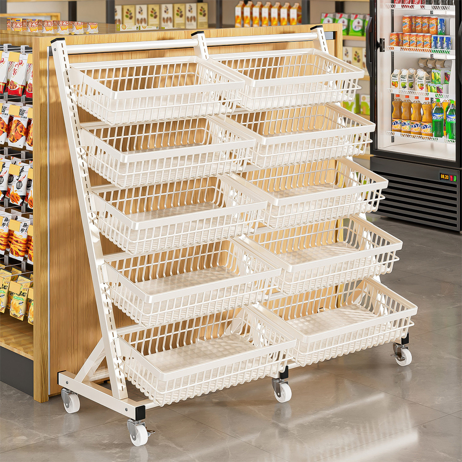 散装零食货架超市便利店饮料食品展示架带轮商用阶梯式单面置物架